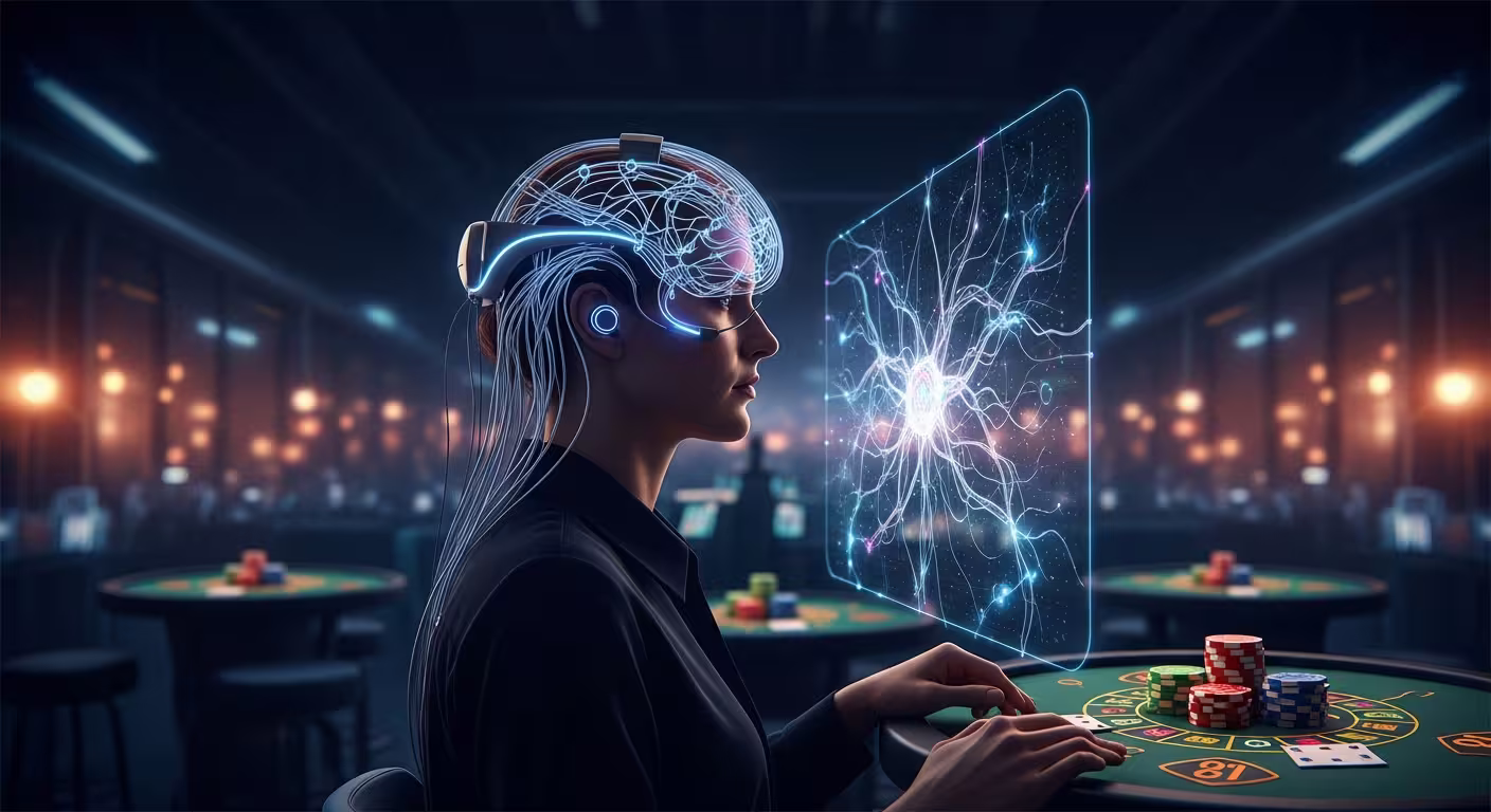 Player wearing advanced neural headset immersed in mind-controlled casino experience